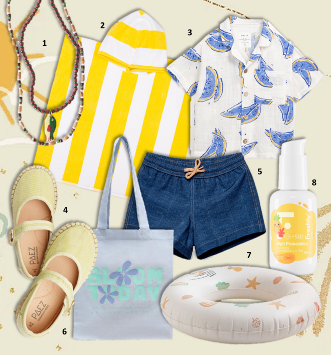 1.Pack de dois fios, €7,95, Zara; 2. Poncho Gibalta, €54,99, Torres Novas; 3. Camisa, €56,50, Play Up; 4. Sapatos Mary Jane Charlock, €34,90, Paez; 5. Calções Principezinho, €49,50, Latitid; 6. Tote Bag, €4,99, Lefties; 7. Bóia Marsea, €6,95, Sklum; 8. Creme solar, 100ml, €34,95, Freshly Cosmetics.