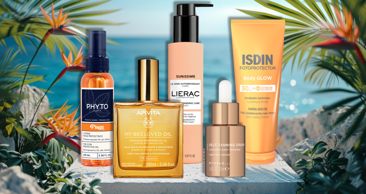 Vários produtos de bronzeamento e proteção solar para corpo e rosto.