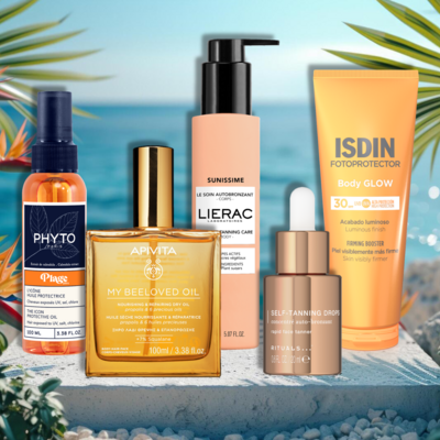 Vários produtos de bronzeamento e proteção solar para corpo e rosto.