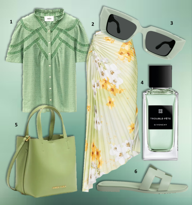1.Camisa Baria, €145, ba&sh; 2. Saia Ghiandaia, €375, Pinko; 3. Óculos de sol, €416, Gucci na Óptica Boavista; 4. Eau de Parfum Trouble-Fête da La Collection Particulière, 100ml, €282,06, Givenchy Parfums, exclusivo El Corte Inglés Lisboa; 5. Carteira Chihuahua, €225, Bimba Y Lola; 6. Sandálias Oran, €610, Hermès.