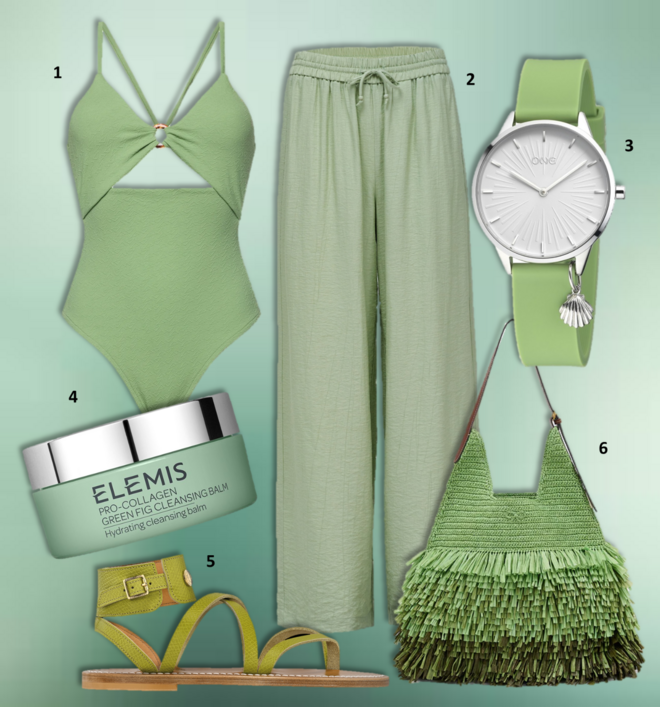 1.Fato de banho Lone Star, €140, Latitid; 2. Calças, €49,95, Salsa; 3. Relógio Summer Vibe, €89, One; 4. Creme de rosto Green Fig Cleansing Pro Collagen, 100ml, €61,99, Elemis exclusive na Douglas; 5. Sandálias, €290, Longchamp X K.Jacques; 6. Carteira, €860, Anya Hindmarch.