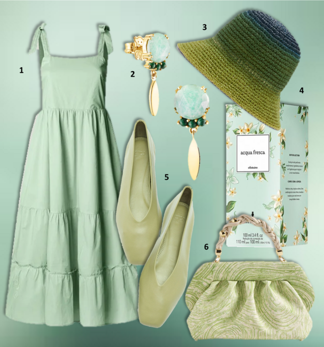 1.Vestido, €79, Pepe Jeans; 2. Brincos Fragile Nature, €149, Tous; 3. Chapéu, €25,99, Mango; 4. Eau de toilette Acqua Fresca, 100ml, €25,99, O Boticário; 5. Sabrinas, €39,99, Parfois; 6. Carteira Bios Porridge, €380, The Moirè.