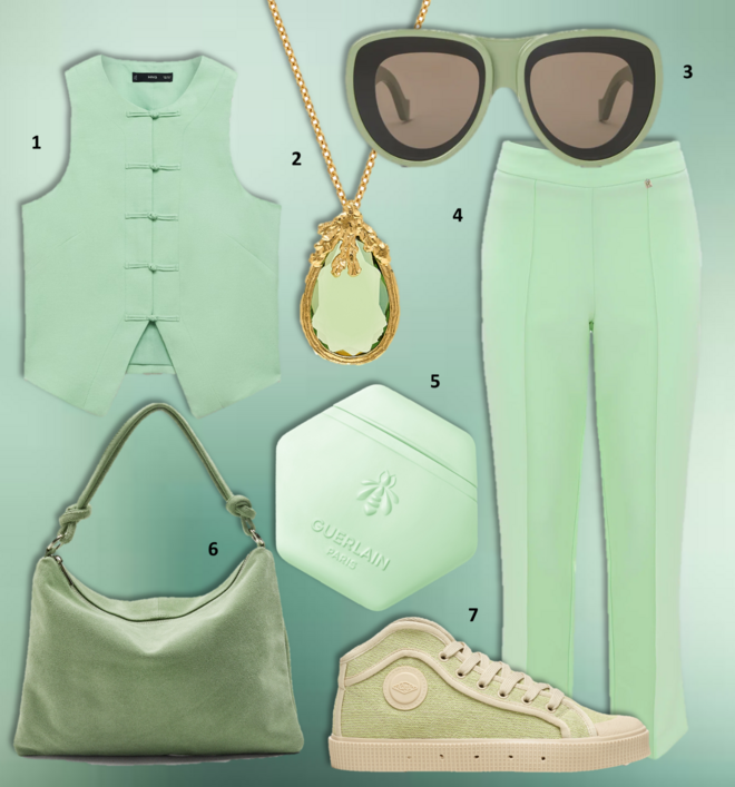 1.Colete, €35,99, Mango; 2. Colar, €84,90, Eugénio Campos; 3. Óculos de sol, €360, Loewe; 4. Calças Zorae, €55, Kocca; 5. Creme de mãos Aqua Allegoria, €56, Guerlain; 6. Carteira, €49,99, Parfois; 7. Ténis K100, €115, Sanjo.