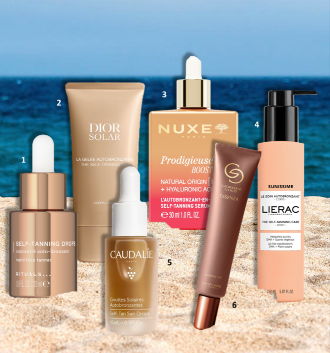 1. Gotas autobronzeadoras Self-Tanning Drops, 20ml, €19,90, Rituals; 2. Gel autobronzeador Dior Solar, 150ml, €75, Dior; 3. Sérum autobronzeador Prodigieuse Boost, 30ml, €41,30, Nuxe; 4. Autobronzeador Sunissime, 150ml, €29,90, Lierac; 5. Gotas solares autobronzeadoras, €19,90, Caudalie; 6. Creme de cor Bronzing Essenza Giordani Gold, 50ml, €27, Oriflame.