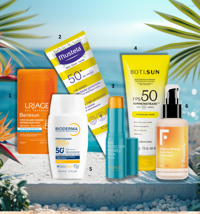 1. Protector stick invisível Bariésun SPF50+, 18gr, €13, Uriage; 2. Leite Solar de rosto SPF50+, 40ml, €15,03, Mustela; 3. Stick invisível de proteção SPF50, €15,99, Kiko Milano; 4. Gel creme de proteção solar SPF50, 200g, €22,99, Boti.Sun no O Boticário; 5. Fluído Photoderm XDefense SPF50, 40ml, €25,95, Bioderma; 6. Protector Healthy Mineral, 100ml, €34,95, Freshly Cosmetics.