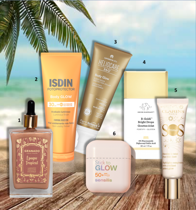 1.Iluminador Éoque Tropical, 100ml, €99, Granado; 2. Proteção Solar Body Glow SPF30, 200 ml, €31,05, Isdin; 3. Fotoprotetor Body Glow, €20, Heliocare; 4. Sérum iluminador B-Goldi™Bright Drops, 30ml, €42, Drunk Elephant; 5. SOS Primer Gold Glow Cosmic Summer, €39, Clarins; 6. Stick To Glow, €15, Sensilis.