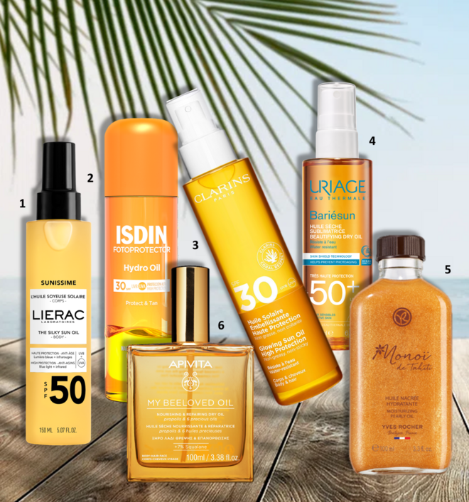 1.Óleo solar sedoso corporal SPF50 Sunissime, 150ml, €29,90, Lierac; 2. Proteção Solar Hydro Oil SPF30, 200 ml, €30,90, Isdin; 3. Óleo solar nutritivo de proteção SPF30, 150ml, €36, Clarins; 4. Óleo Seco Embelezador SPF50, 200ml, €26,52, Uriage; 5. Óleo Nacarado Hidratante Corpo & Cabelo, €14,95, Yves Rocher; 6. Óleo seco My Beeloved, 100ml, €29,90, Apivita.
