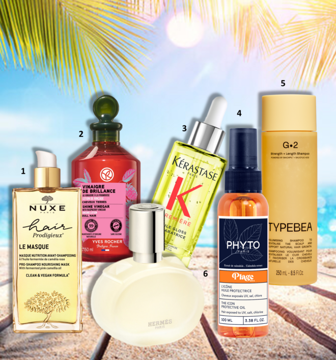 1. Máscara nutritiva Pré-Champô Hair Prodigieux, 125ml, €32,50, Nuxe; 2. Vinagre de brilho, 150ml, €12,95, Yves Rocher; 3. Oléo Premiére Gloss Réparatrice, €43,30, Kérastase; 4. Óleo protector Phyto Plage, 100ml, €18,90, Phyto; 5. Champô G2 Strength & Length, 250ml, €25, Typebea by Rita Ora & Anna Lahey, exclusive na Douglas; 6. Bruma perfumada para cabelo Barénia, 30ml, €55, Hermès.