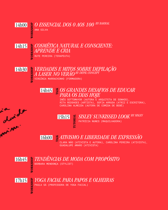 Programa das talks e workshops para sábado, dia 21 de junho.