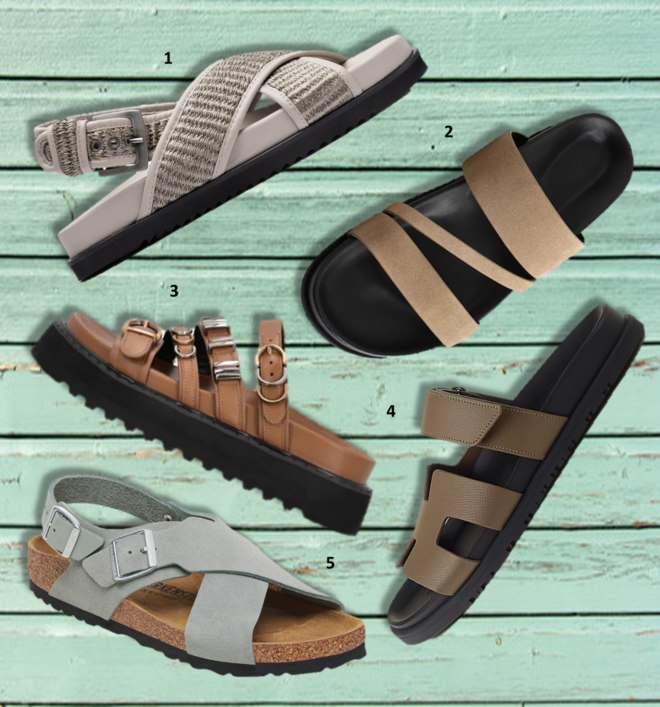 1.Sandálias Bianca, €265, Lachoix; 2. Sandálias, €135, COS; 3. Sandálias, €270, Pinko; 4. Sandálias Chypre, €760, Hermès; 5. Sandálias Tulum, €130, Birkenstock.