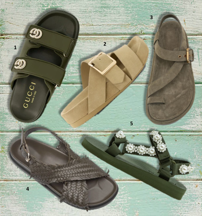 1.Sandálias, €1100, Gucci na Fashion Clinic; 2. Sandálias Ease Buckle, €800, Loewe; 3. Sandálias, €89,95, Massimo Dutti; 4. Sandálias, €99, Adolfo Dominguez; 5. Sandálias Trekky, €170, Arizona Love. 