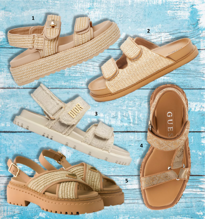 1. Sandálias Bigmona, €129,99, Stve Madden; 2. Sandálias, €20, Kiabi; 3. Sandálias Dioract, €1190, Dior; 4. Sandálias Lode, €135, Guess; 5. Sandálias Crisscross, €910, Prada. 