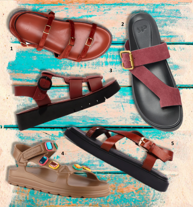 1.Sandálias Ella, €245, Lachoix; 2. Sandálias, €35,99, Parfois; 3. Sandálias SUDY246FLY INTENSE RUST, €110, Fly London; 4. Sandálias Vagabond Connie, €80, Scalpers; 5. Sandálias Arwen Bronzo Mate, €70, Lemon Jelly.  