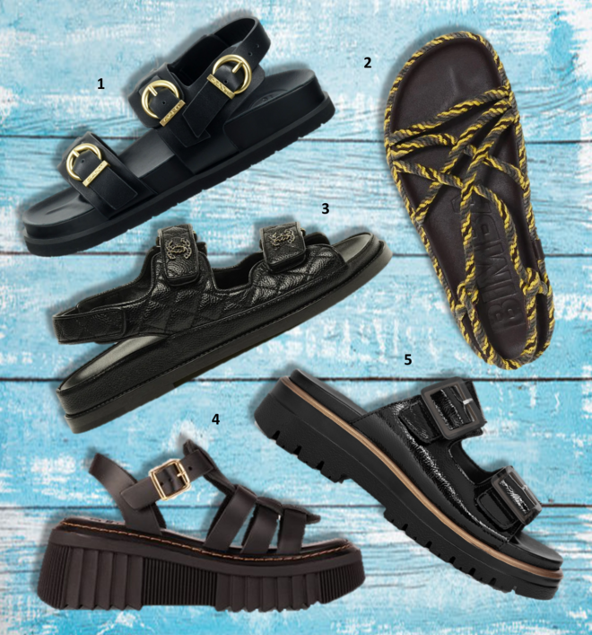 1.Sandálias Mardale, €109,95, Gant; 2. Sandálias, €87,50, Bimba Y Lola; 3. Sandálias, €1550, Chanel; 4. Sandálias, €34,50, Seaside; 5. Sandálias, €92,50, Ara. 