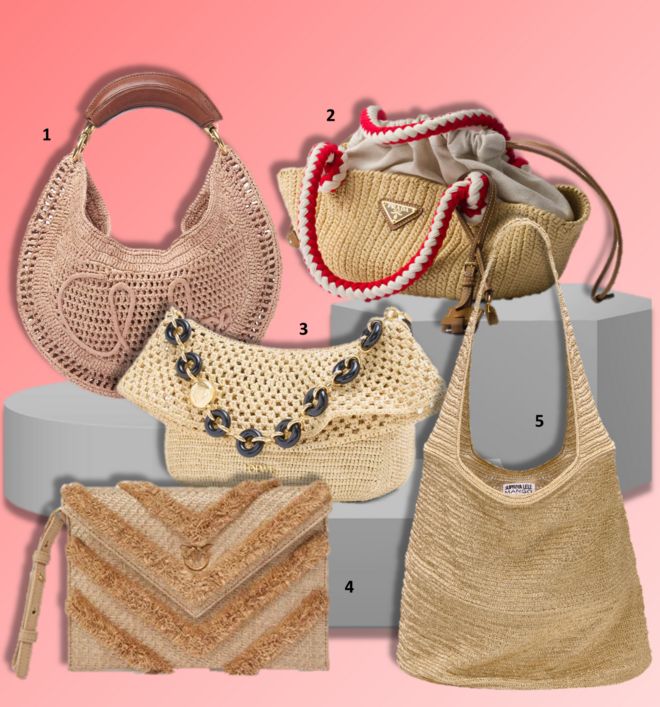 1.Carteira Summer Banana, €1690, Chloé; 2. Carteira, €2000, Prada; 3. Carteira Ola, €1800, Loewe; 4. Clutch Chevron, €205, Pinko; 5. Saco, €139,99, Supriya Lele X Mango.