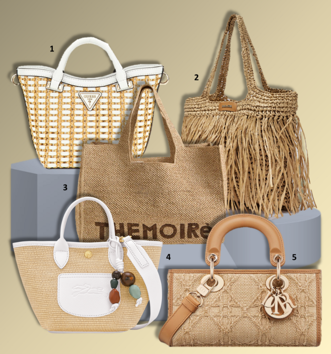 1.Carteira, €135, Guess; 2. Saco, €39,95, Salsa; 3. Saco Morea, €235, The Moirè; 4. Carteira Le Pliage XS, €320, Longchamp; 5. Carteira Small Lady D-Joy, €4100, Dior.