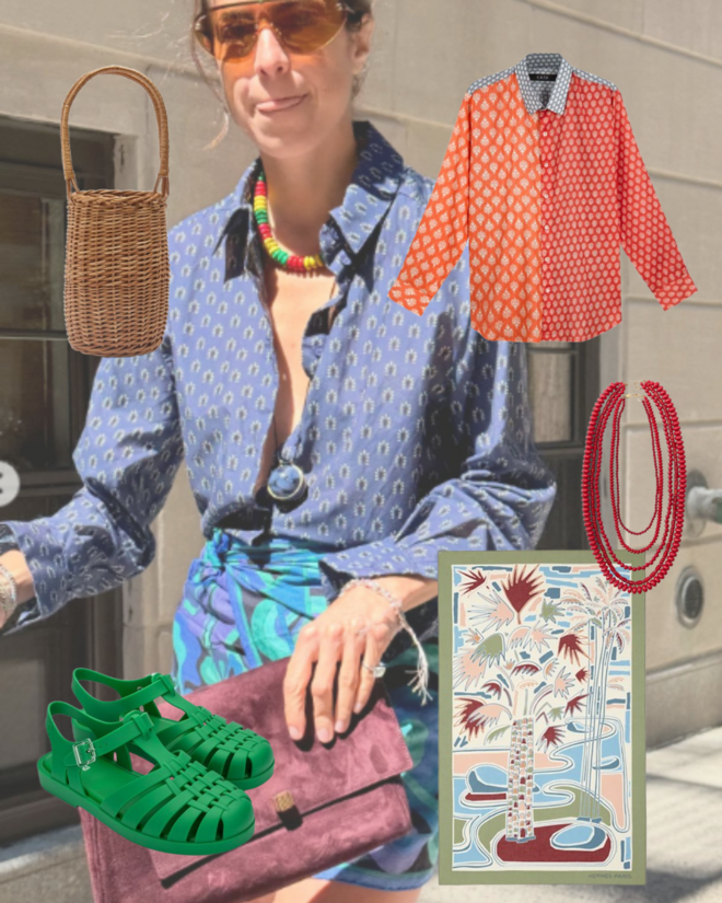 Inspiração Leandra Medine Cohen. Pareo Hérmes 500,00€ Camisa House of Curated 92,00€ Carteira em Rattan Parfois 49,99€ Sandálias de borracha Melissa 60,00€ Colas de Missangas Zara 25,95€