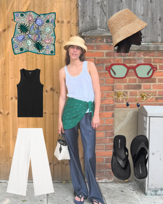 Inspiração Laura Vidrequin Roso. Calças de linho Massimo Dutti 79,95€ Top básico COS 19,00€ Chapéu de palha COS 59,00€ Lenço estampado Bimba Y Lola 58,00€ Chinelos de pele Mango 59,99€ Brincos Beatriz Jardinha 290,00€ óculos de Sol Fora x Mafalda Patrício 199,00€
