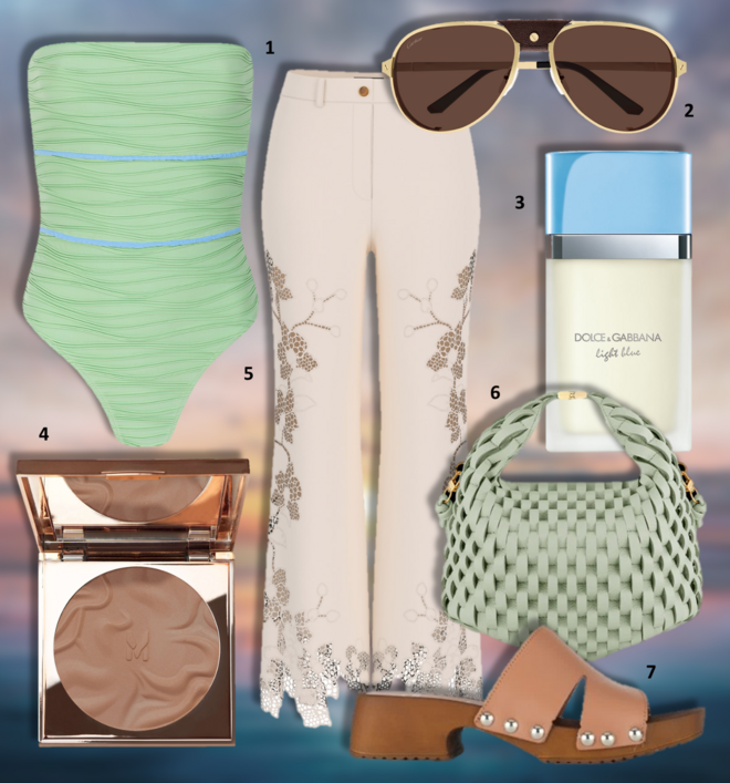 1. Fato de banho Serena V2, €119,90, Cantê; 2. Óculos de sol, €1300, Cartier na André Ópticas; 3. Eau de toilette Light Blue, 30ml, €76,20, Dolce &amp; Gabbana; 4. Pó compacto Sunshine Bronzing da coleção Golden Hour Moments, €19,95, Make Up Factory, edição limitada e exclusiva na Perfumes &amp; Companhia; 5. Calças, €340, Marciano by Guess; 6. Carteira Béri, €450, Polène; 7. Socas, €34,50, Seaside.