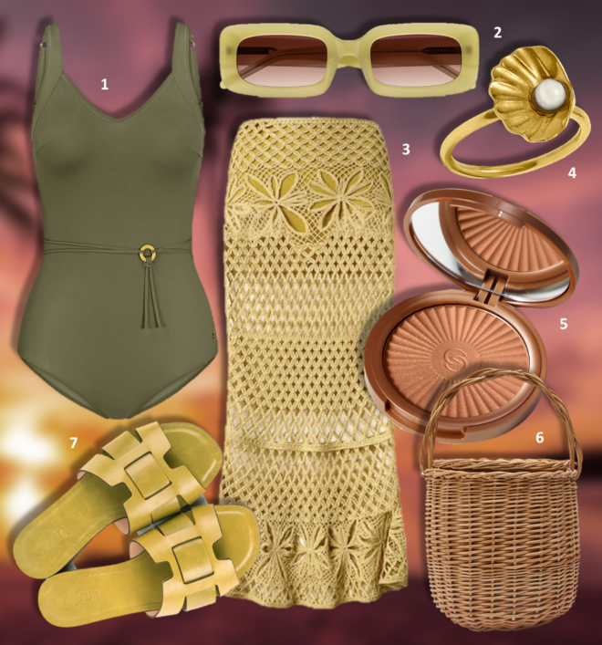 1. Fato de banho Summer Twist, €75, Triumph; 2. Óculos de sol Jane, €139, Bo Bo Noir; 3. Saia Fancy, €365, Pinko; 4. Anel, €44,90, Eugénio Campos; 5. Pó compacto Bronzing Essenza Giordani Gold, €30, Oriflame; 6. Cesta, €69,99, Parfois (exclusivo online); 7. Sandálias, €99,90, Zilian.