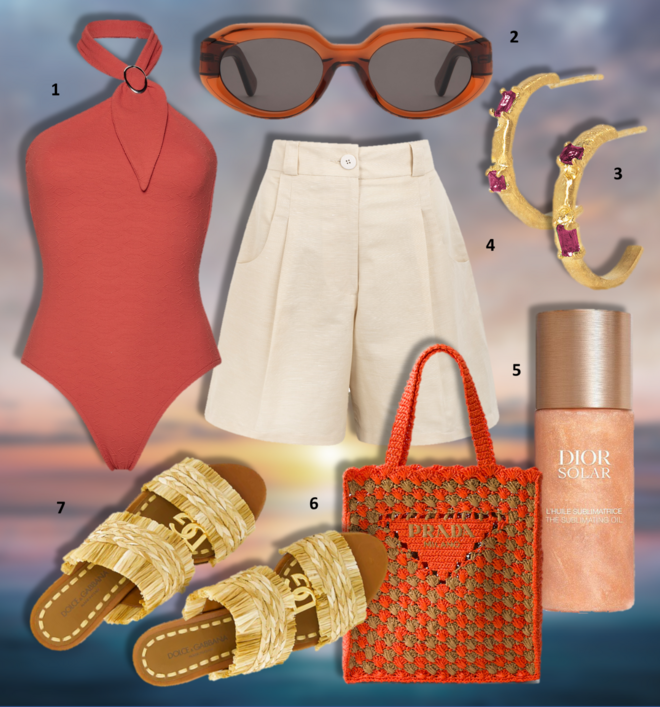 1. Fato de banho Rodeo C2, €140, Latitid; 2. Óculos de sol Charmer, €158, Fora; 3. Argolas Kora, €79, Mesh Jewellery; 4. Calções Magnólia, €92, Benedita Formosinho; 5. Óleo Sublimante de corpo, rosto e cabelo, 125ml, €72,20, Dior Solar; 6. Carteira, €1950, Prada; 7. Sandálias, €750, Dolce &amp; Gabbana na Fashion Clinic.