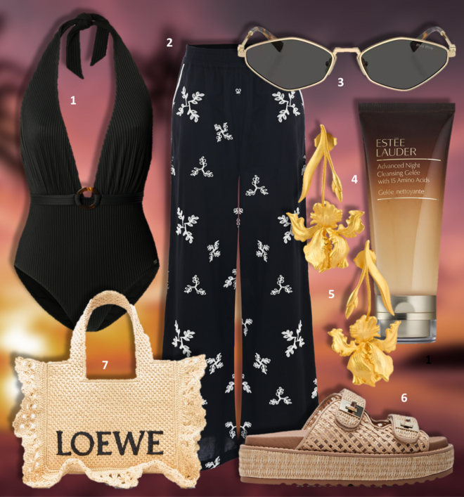 1. Fato de banho, €74,95, Pepe Jeans; 2. Calças Hadewin, €172, Kocca; 3. Óculos de sol, €370, Miu Miu una Sunglass Hut; 4. Gel de limpeza Advanced Night Repair, 100ml, €47,15, Estée Lauder na Perfumes &amp; Companhia; 5. Brincos Lumen, €75, Alice Trewinnard X Cata Vassalo; 6. Sandálias Bigschmona, €149,99, Steve Madden.