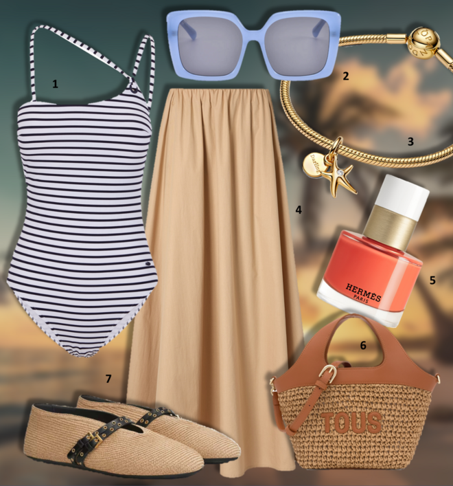 1. Fato de banho, €49,99, Women’Secret; 2. Óculos de sol, €190, For Art’s Sake, na Óptica Boavista; 3. Conta Pendente Starfish Double Dangle Charm, €69, Pandora; 4. Saia, €59,99, Mango; 5. Verniz Les Mains Hermès no tom Orange Tulipe 32, €54, Hermès; 6. Carteira, €179, Tous; 7. Sabrinas, €1250, Alaïa na Stivali.