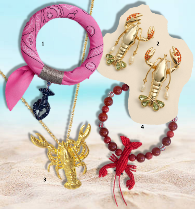 1.Colar Santorini, €20, Quintal de Flor; 2. Brincos, €29, &amp; Others Stories; 3. Colar Lobster, €55, MESH Jewellery; 4. Colar Lobstar, €50, Bontön. 