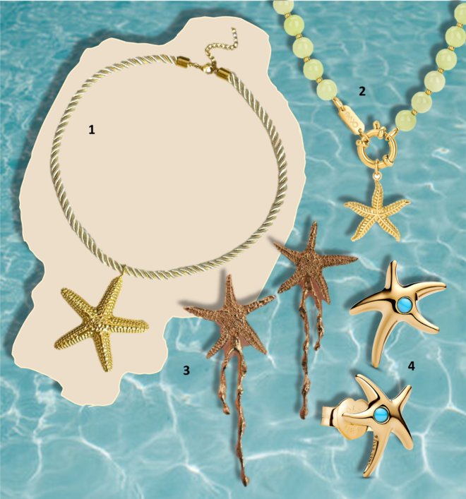 1. Colar Varadero, €22,90, Lima; 2. Colar Carmela, €49, One; 3. Brincos Dora Maar, €226, Juliana Bezerra; 4. Brincos Starfish, €59, Pandora.
