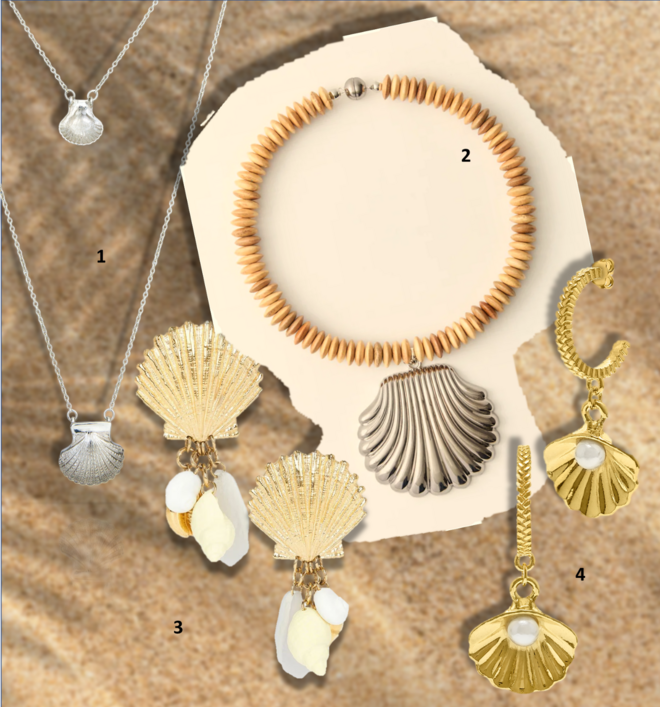 1. Escapulário, €155, Leitão &amp; Irmão; 2. Colar Riviera, Julieta (preço sob consulta); 3. Brincos, €950, Chloé; 4. Brincos, €64,90, Eugénio Camos. 