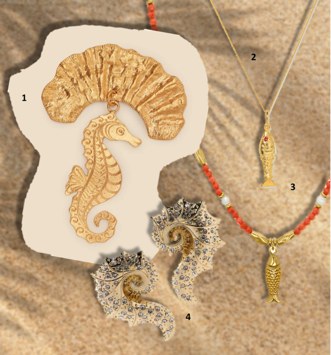 1. Brinco unitário Bagatelle, €82, Juliana Bezerra; 2. Colar Fish, €65, MESH Jewellery; 3. Colar, €104,90, Eugénio Campos; 4. Brincos, €15,95, Zara.