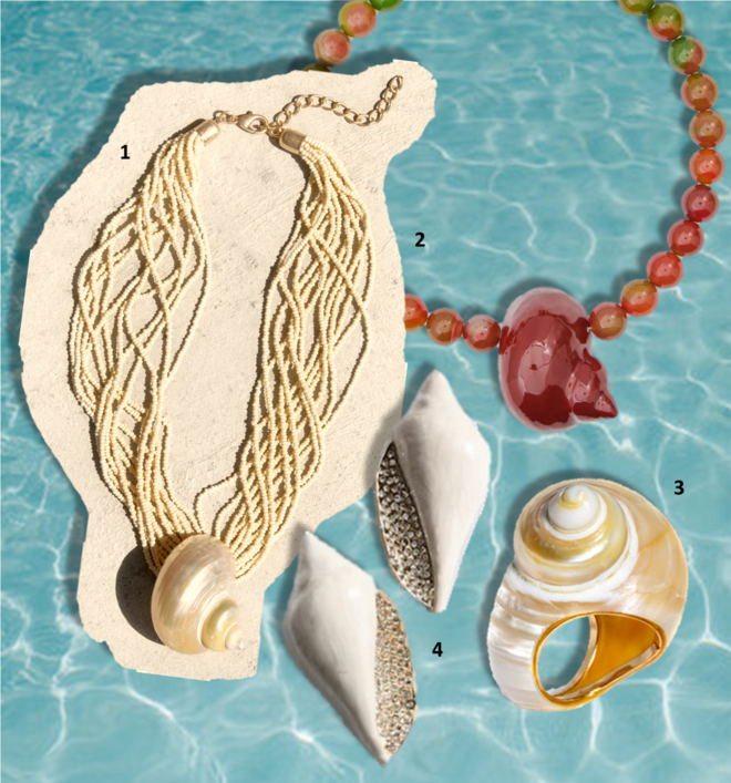 1.Colar, €17,99, Parfois; 2. Colar Mykonos Ombré, Julieta (preço sob consulta); 3. Anel Tahiti, €723, Mônica Rosenzweig; 4. Brincos, €19,99, Mango. 