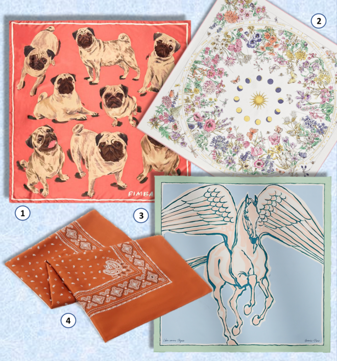1. Lenço Pug, €58, Bimba Y Lola; 2. Lenço Astral Flowers, €520, Dior; 3. Lenço Libre Comme Pegase, €530, Hermès; 4. Lenço, €102, Pinko.  