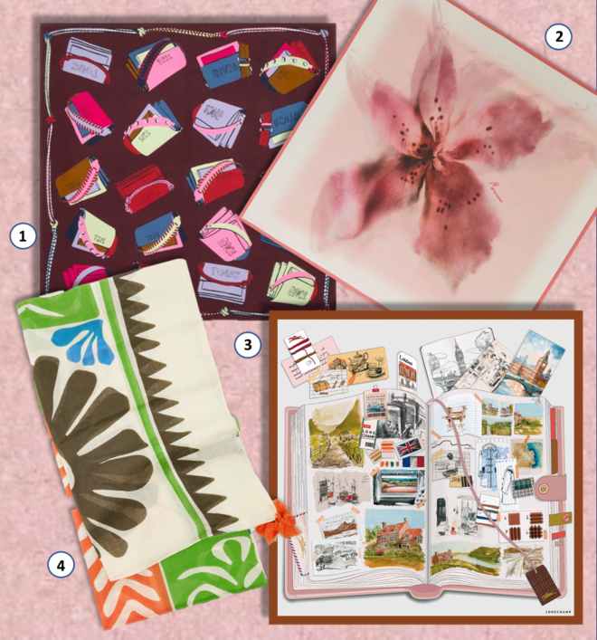 1. Lenço da coleção Audree, €99, Tous; 2. Lenço, €40, Marciano by Guess; 3. Lenço L’Echappée Belle, €90, Longchamp; 4. Lenço, €17,99, Parfois. 