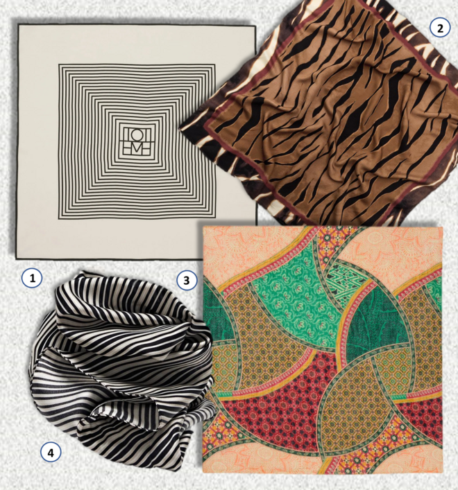 1. Lenço Centered Monogram, €210, Toteme; 2. Lenço, €22,90, Zara; 3. Lenço Filipa, €66,50, Ba&amp;Sh; 4. Lenço, €29,95, Massimo Dutti. 