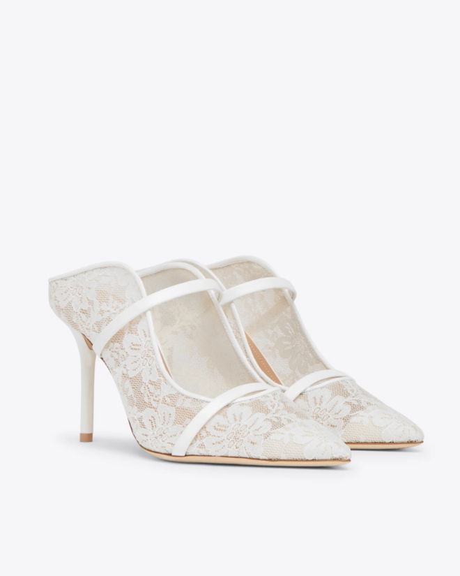 Malone Souliers, Maureen 85 White Lace Heeled Mules, €695.
