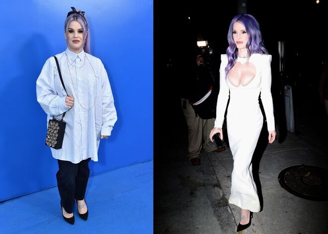 (E-D) Kelly Osbourne no desfile da coleção da Dior Masculina, em maio 2022 — Kelly Osbourne no seu 39.º aniversário, em outubro de 2023.