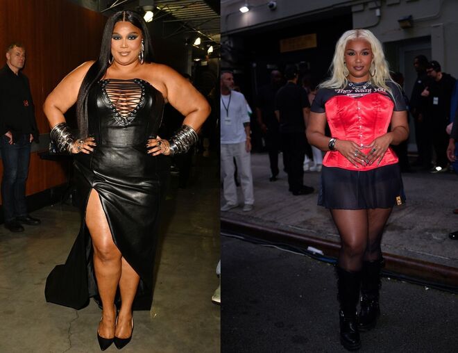 (E-D) Lizzo nos Grammy Awards em fevereiro de 2024 — Lizzo no Amazon 2025 Upfront em maio de 2025.