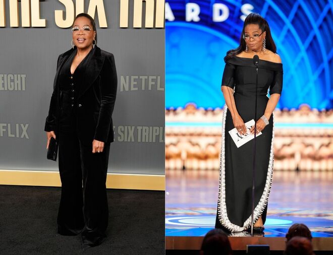 (E-D) Oprah Winfrey na estreia, em Los Angeles, de "The Six Triple Eight" em dezembro de 2024 — Oprah Winfrey no Tony Awards em junho de 2025.
