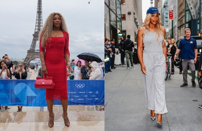 (E-D) Serena Williams na cerimónia de abertura dos Jogos Olímpicos de Paris em julho de 2024 — Serena Williams em Nova Iorque em agosto de 2025.