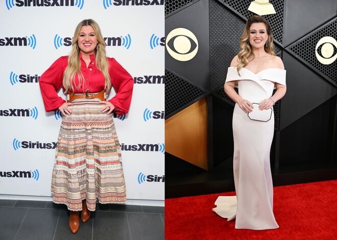 (E-D) Kelly Clarkson nos estúdios da SiriusXM em junho de 2023 — Kelly Clarkson na 66ª edição dos Prémios GRAMMY, em fevereiro de 2024.