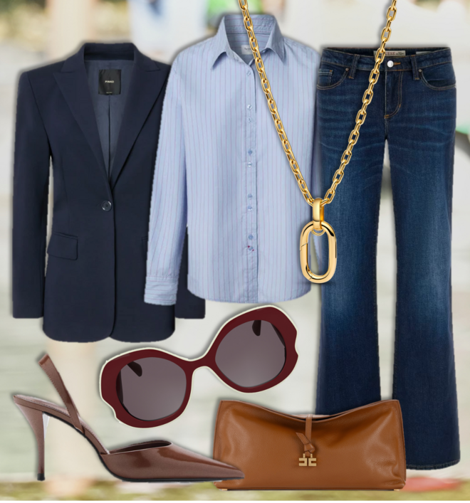 Blazer, €365, Pinko; camisa, €69, Pepe Jeans; calças, €180, Guess; óculos de sol, €170, Longchamp; sapatos, €35,99, Mango; colar Link Grande, €179, Pandora; clutch, €580, Elisabetta Franchi. 