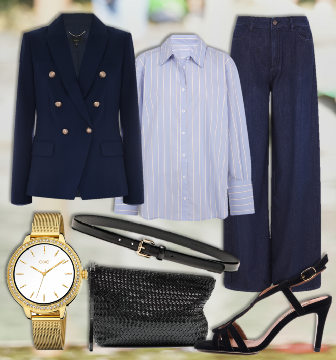 Blazer, €160,10, Kocca; camisa, €99, Pedro del Hierro; calças, €59,99, Cortefiel; smartwatch One Mini Spark Gold Mesh, €169, One; cinto, €29,95, Massimo Dutti; clutch, €49,99, Parfois; sandálias, €129,90, Zilian. 