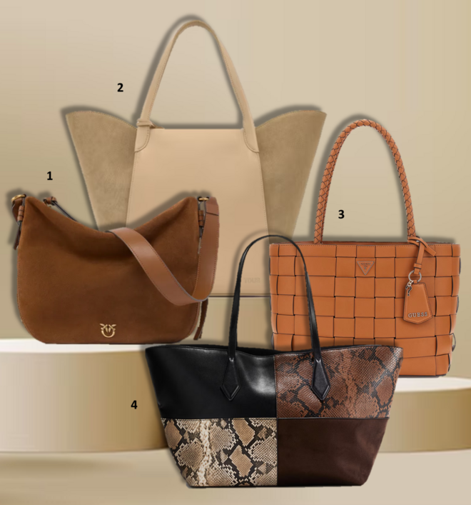 1.Carteira, €385, Pinko; 2. Carteira Tulip, €379, Tous; 3. Carteira Maylee , €165, Guess; 4. Carteira, €39,99, H&amp;M.