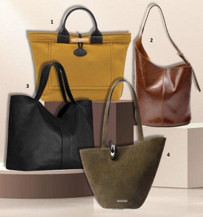 1. Carteira Le Roseau L, €550, Longchamp; 2. Carteira, €129, Zara; 3. Carteira Y, €3400, Saint Laurent na Stivali; 4. Carteira A Bambola, €1150, Jacquemus.
