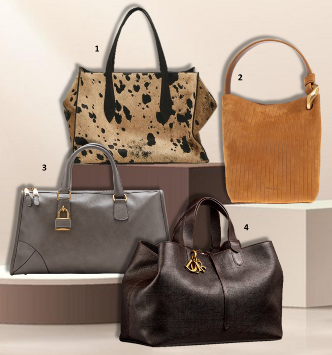 1. Carteira Maxi Icon, €399, Massimo Dutti; 2. Carteira Tote Corner, €890, JW Anderson na Stivali; 3. Carteira, €39,99, Mango; 4. Carteira Toujours, €4100, Dior.