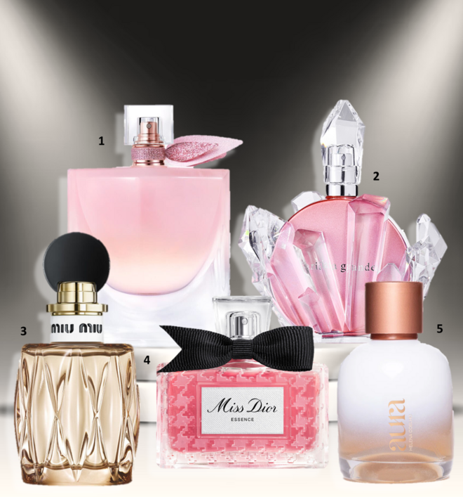 1.Eau de parfum La Vie est Belle Vanille Nude, 50ml, €123,50, Lancôme; 2. Eau de parfum R.E.M. Cherry Eclipse, 100ml, €72, Ariana Grande, exclusivo na Douglas; 3. Eau de parfum Miutine, 50ml, €129,25, Miu Miu na Perfumes &amp; Companhia; 4. Essência de parfume Miss Dior Essence, 50ml, €146, Dior Beauty; 5. Eau de Parfum Oriental Gourmand, 75ml, €50, Aura by Helena Coelho, no O Boticário.