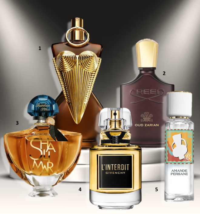 1.Eau de parfum Divine Elixir, 50ml, €132, Jean Paul Gaultier; 2. Perfume Oud Zarian, 50ml, €350, Creed na Boutique dos Relógios Plus; 3. Eau de parfum Intense Shalimar L’Essence, 50ml, €120, Guerlain; 4. Eau de parfum L'Interdit, 50ml, €133,04, Givenchy Beauty; 5. Água perfumada Bem-Estar Amande Persa, 30ml, €21,50, Roger &amp; Gallet.