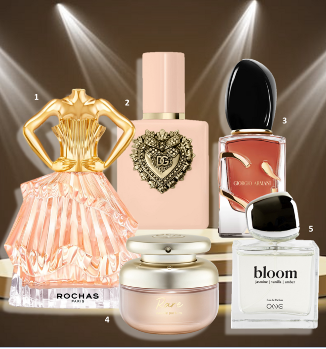 1.Eau de parfum Audace, 60ml, €102, Rochas na Douglas; 2. Eau de parfum My Devotion Intense, 50ml, €131, Dolce &amp; Gabbana Beauty; 3. Eau de parfum Armani Si, 50ml, €150,60, Giorgio Armani; 4. Eau de parfum Rare, 50ml, €79, Rare Beauty na Sephora; 5. Eau de parfum Bloom, 50ml, €39, One.