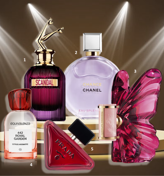1.Eau de parfum GA Scandal Intense her, 50ml, €122,40, Jean Paul Gaultier; 2. Eau de parfum Chance Eau Splendide, 50ml, €122, Chanel; 3. Eau de parfum La Bomba, 50ml, €116,15, Carolina Herrera na Perfumes &amp; Companhia; 4. Eau de parfum Royal Garden, 50ml, €17,95, Equivalenza; 5. Eau de parfum Paradoxe Radical Essence, 90ml, €190, Prada.